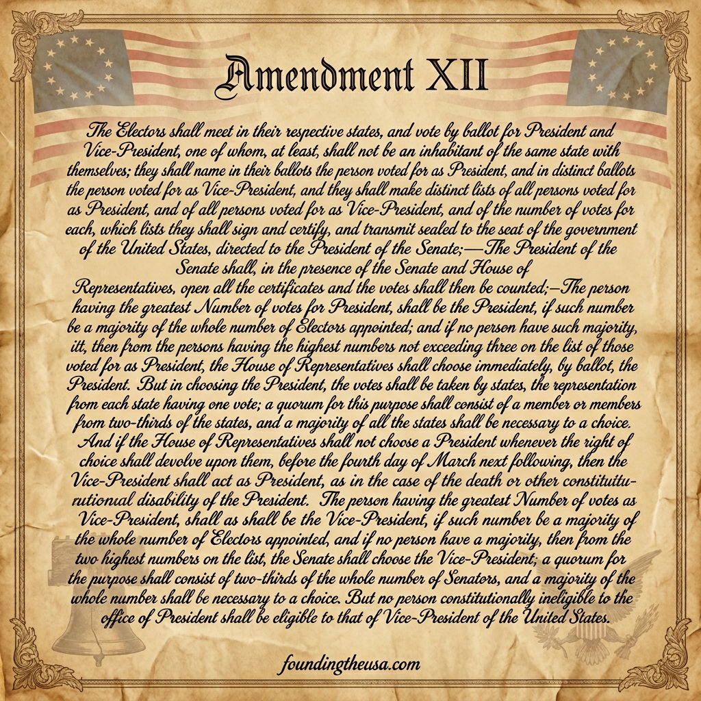The Electors shall meet in their respective states, and vote by ballot for President and Vice-President, one of whom, at least, shall not be an inhabitant of the same state with themselves; they shall name in their ballots the person voted for as President, and in distinct ballots the person voted for as Vice-President, and they shall make distinct lists of all persons voted for as President, and of all persons voted for as Vice-President, and of the number of votes for each, which lists they shall sign and certify, and transmit sealed to the seat of the government of the United States, directed to the President of the Senate;—The President of the Senate shall, in the presence of the Senate and House of Representatives, open all the certificates and the votes shall then be counted;—The person having the greatest Number of votes for President, shall be the President, if such number be a majority of the whole number of Electors appointed; and if no person have such majority, then from the persons having the highest numbers not exceeding three on the list of those voted for as President, the House of Representatives shall choose immediately, by ballot, the President. But in choosing the President, the votes shall be taken by states, the representation from each state having one vote; a quorum for this purpose shall consist of a member or members from two-thirds of the states, and a majority of all the states shall be necessary to a choice. And if the House of Representatives shall not choose a President whenever the right of choice shall devolve upon them, before the fourth day of March next following, then the Vice-President shall act as President, as in the case of the death or other constitutional disability of the President. The person having the greatest Number of votes as Vice-President, shall be the Vice-President, if such number be a majority of the whole number of Electors appointed, and if no person have a majority, then from the two highest numbers on the list, the Senate shall choose the Vice-President; a quorum for the purpose shall consist of two-thirds of the whole number of Senators, and a majority of the whole number shall be necessary to a choice. But no person constitutionally ineligible to the office of President shall be eligible to that of Vice-President of the United States.