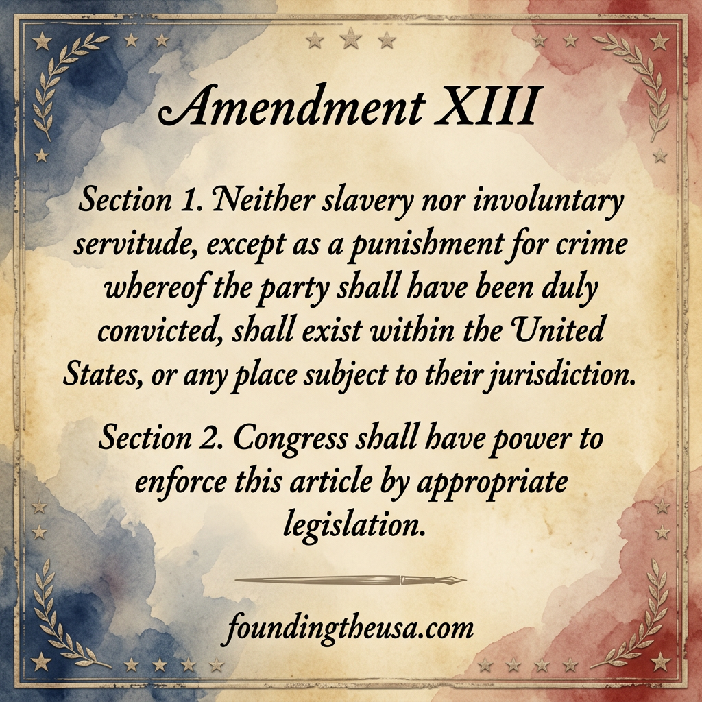 Section 1. Neither slavery nor involuntary servitude, except as a punishment for crime whereof the party shall have been duly convicted, shall exist within the United States, or any place subject to their jurisdiction.

Section 2. Congress shall have power to enforce this article by appropriate legislation.