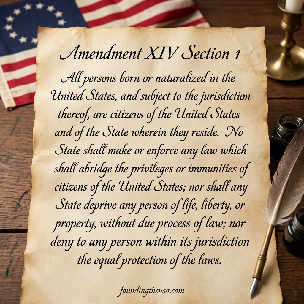 All persons born or naturalized in the United States, and subject to the jurisdiction thereof, are citizens of the United States and of the State wherein they reside. No State shall make or enforce any law which shall abridge the privileges or immunities of citizens of the United States; nor shall any State deprive any person of life, liberty, or property, without due process of law; nor deny to any person within its jurisdiction the equal protection of the laws.