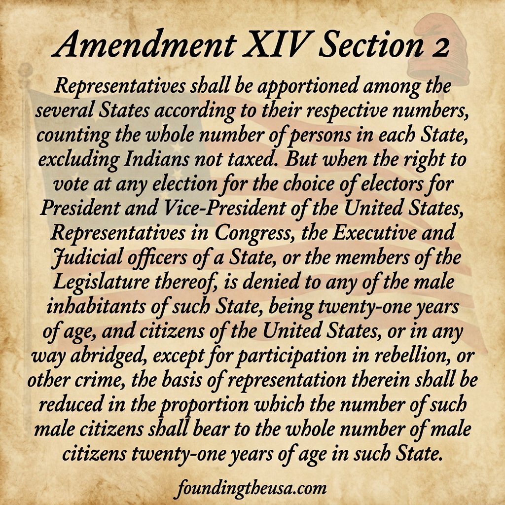 Representatives shall be apportioned among the several States according to their respective numbers, counting the whole number of persons in each State, excluding Indians not taxed. But when the right to vote at any election for the choice of electors for President and Vice-President of the United States, Representatives in Congress, the Executive and Judicial officers of a State, or the members of the Legislature thereof, is denied to any of the male inhabitants of such State, being twenty-one years of age, and citizens of the United States, or in any way abridged, except for participation in rebellion, or other crime, the basis of representation therein shall be reduced in the proportion which the number of such male citizens shall bear to the whole number of male citizens twenty-one years of age in such State.