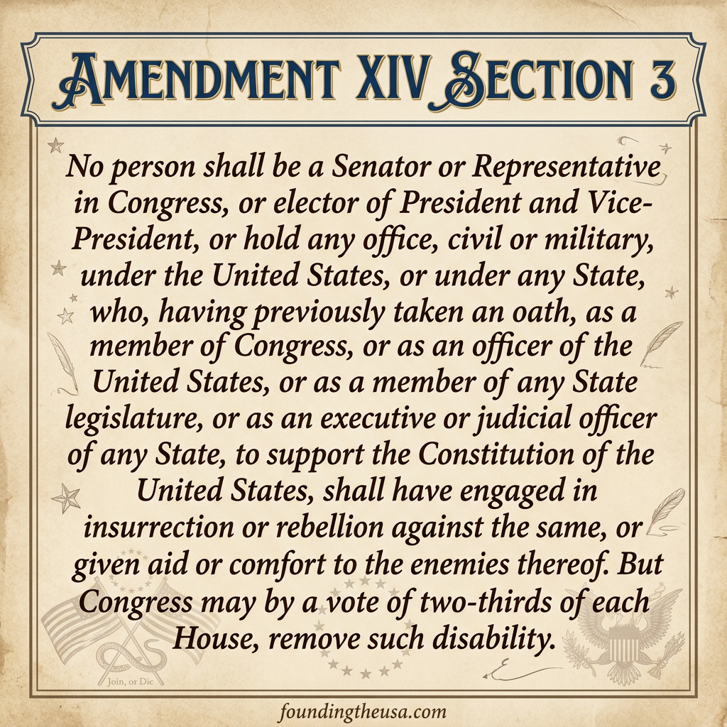 No person shall be a Senator or Representative in Congress, or elector of President and Vice-President, or hold any office, civil or military, under the United States, or under any State, who, having previously taken an oath, as a member of Congress, or as an officer of the United States, or as a member of any State legislature, or as an executive or judicial officer of any State, to support the Constitution of the United States, shall have engaged in insurrection or rebellion against the same, or given aid or comfort to the enemies thereof. But Congress may by a vote of two-thirds of each House, remove such disability.