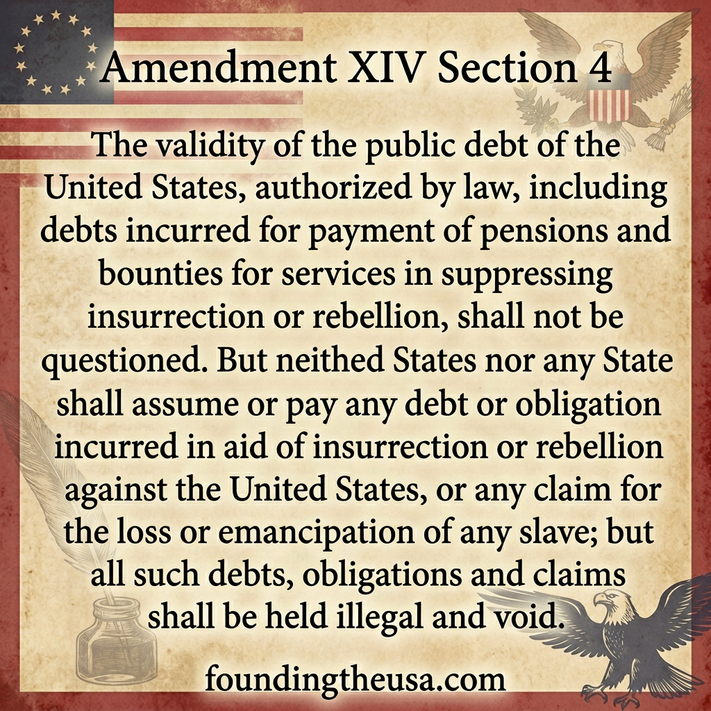 The validity of the public debt of the United States, authorized by law, including debts incurred for payment of pensions and bounties for services in suppressing insurrection or rebellion, shall not be questioned. But neither the United States nor any State shall assume or pay any debt or obligation incurred in aid of insurrection or rebellion against the United States, or any claim for the loss or emancipation of any slave; but all such debts, obligations and claims shall be held illegal and void.