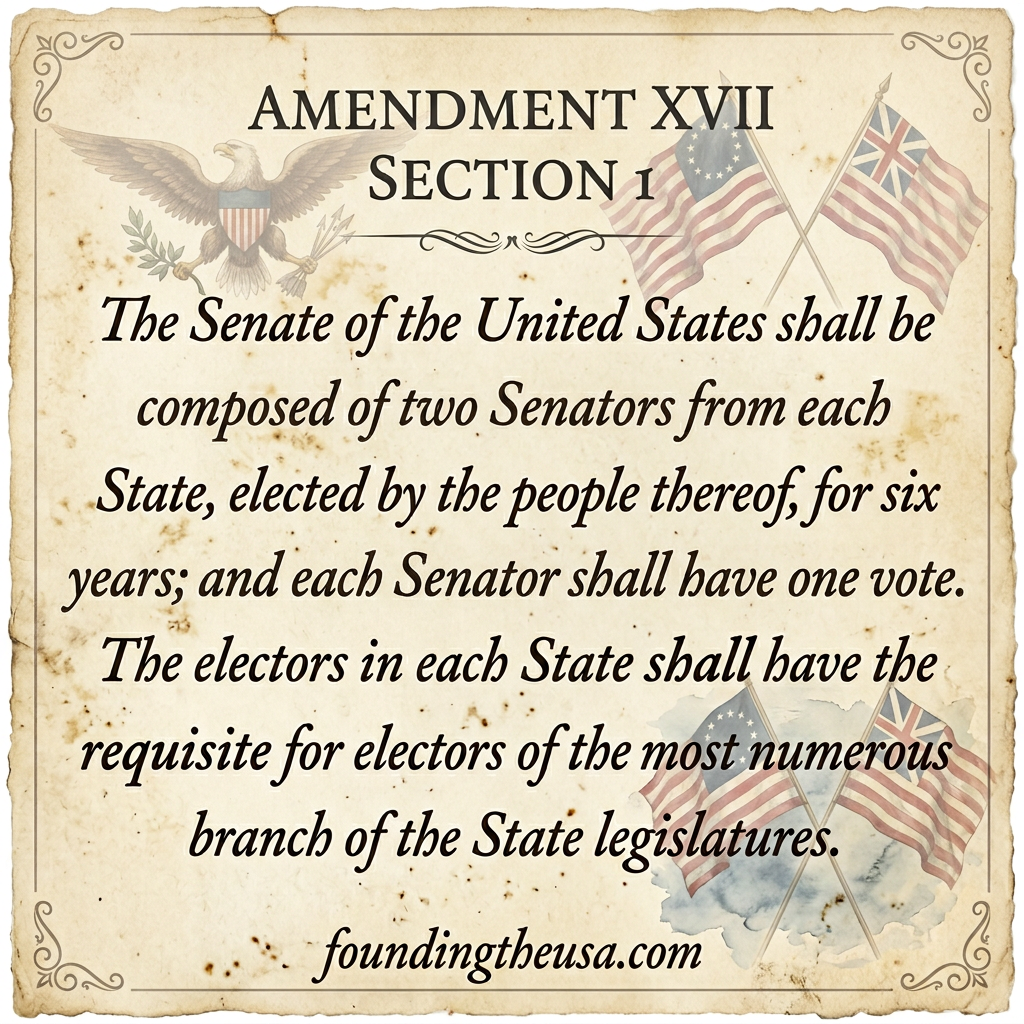 The Senate of the United States shall be composed of two Senators from each State, elected by the people thereof, for six years; and each Senator shall have one vote. The electors in each State shall have the qualifications requisite for electors of the most numerous branch of the State legislatures.