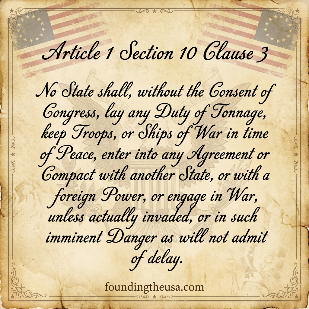 No State shall, without the Consent of Congress, lay any Duty of Tonnage, keep Troops, or Ships of War in time of Peace, enter into any Agreement or Compact with another State, or with a foreign Power, or engage in War, unless actually invaded, or in such imminent Danger as will not admit of delay.