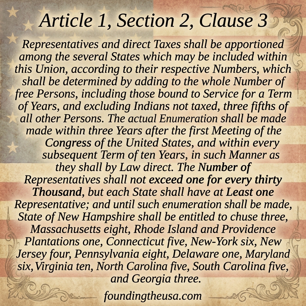 Representatives and direct Taxes shall be apportioned among the several States which may be included within this Union, according to their respective Numbers, which shall be determined by adding to the whole Number of free Persons, including those bound to Service for a Term of Years, and excluding Indians not taxed, three fifths of all other Persons. The actual Enumeration shall be made within three Years after the first Meeting of the Congress of the United States, and within every subsequent Term of ten Years, in such Manner as they shall by Law direct. The Number of Representatives shall not exceed one for every thirty Thousand, but each State shall have at Least one Representative; and until such enumeration shall be made, the State of New Hampshire shall be entitled to chuse three, Massachusetts eight, Rhode-Island and Providence Plantations one, Connecticut five, New-York six, New Jersey four, Pennsylvania eight, Delaware one, Maryland six, Virginia ten, North Carolina five, South Carolina five, and Georgia three.