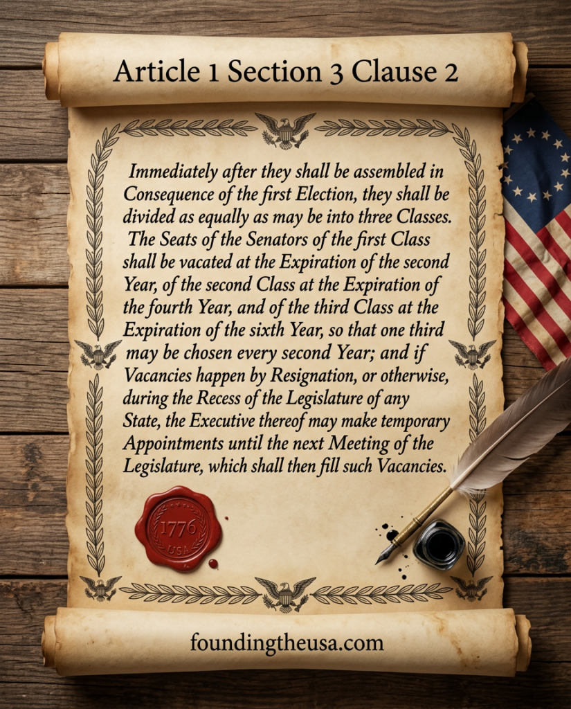 Immediately after they shall be assembled in Consequence of the first Election, they shall be divided as equally as may be into three Classes. The Seats of the Senators of the first Class shall be vacated at the Expiration of the second Year, of the second Class at the Expiration of the fourth Year, and of the third Class at the Expiration of the sixth Year, so that one third may be chosen every second Year; and if Vacancies happen by Resignation, or otherwise, during the Recess of the Legislature of any State, the Executive thereof may make temporary Appointments until the next Meeting of the Legislature, which shall then fill such Vacancies.