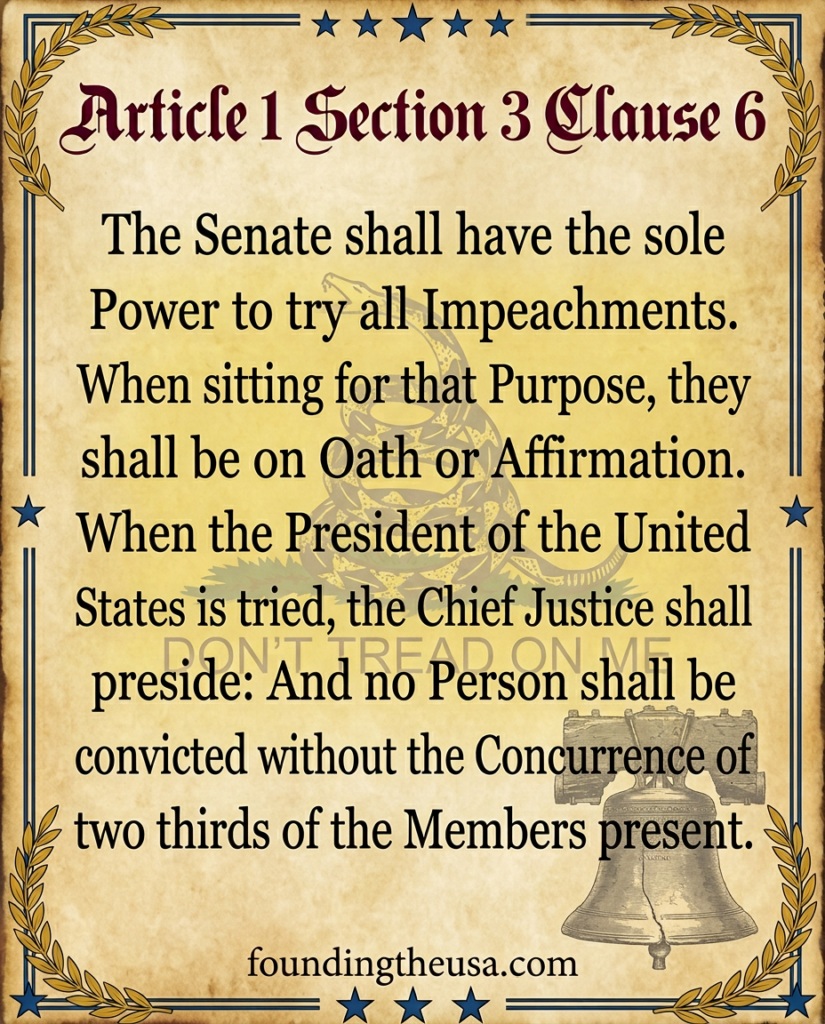 The Senate shall have the sole Power to try all Impeachments. When sitting for that Purpose, they shall be on Oath or Affirmation. When the President of the United States is tried, the Chief Justice shall preside: And no Person shall be convicted without the Concurrence of two thirds of the Members present.