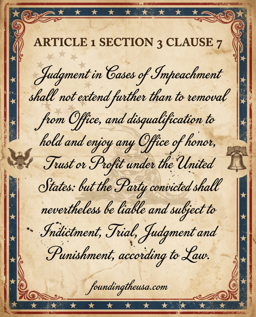 Judgment in Cases of Impeachment shall not extend further than to removal from Office, and disqualification to hold and enjoy any Office of honor, Trust or Profit under the United States: but the Party convicted shall nevertheless be liable and subject to Indictment, Trial, Judgment and Punishment, according to Law.