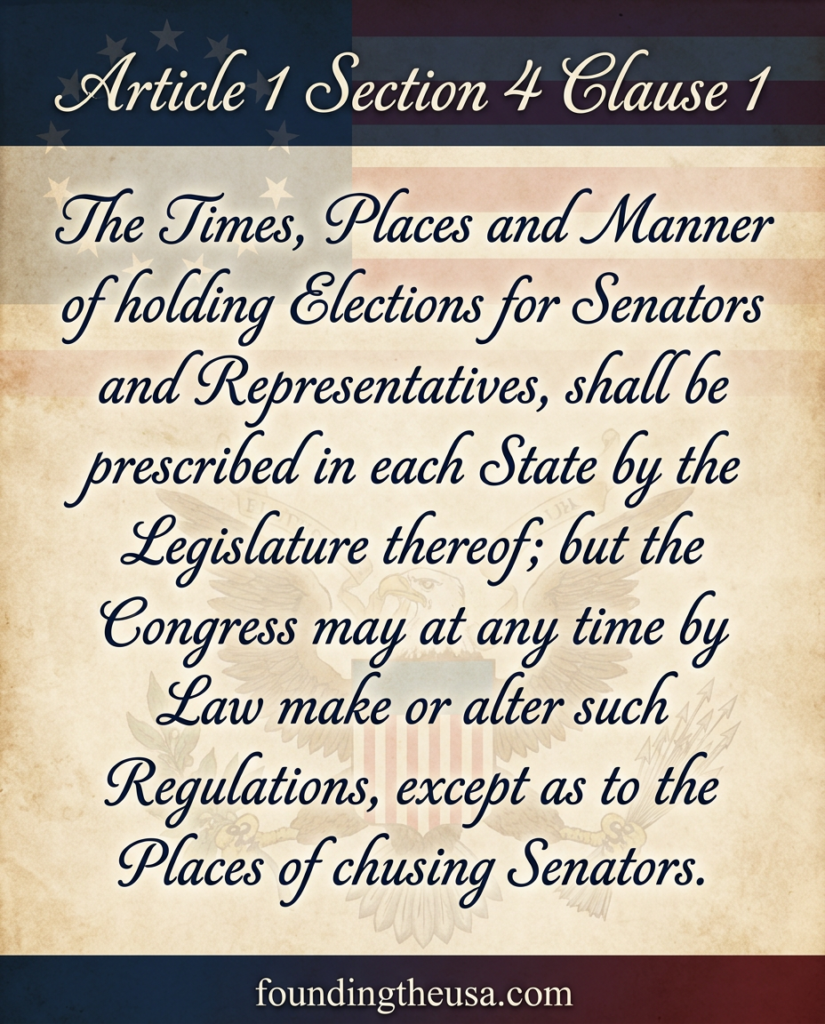 The Times, Places and Manner of holding Elections for Senators and Representatives, shall be prescribed in each State by the Legislature thereof; but the Congress may at any time by Law make or alter such Regulations, except as to the Places of chusing Senators.