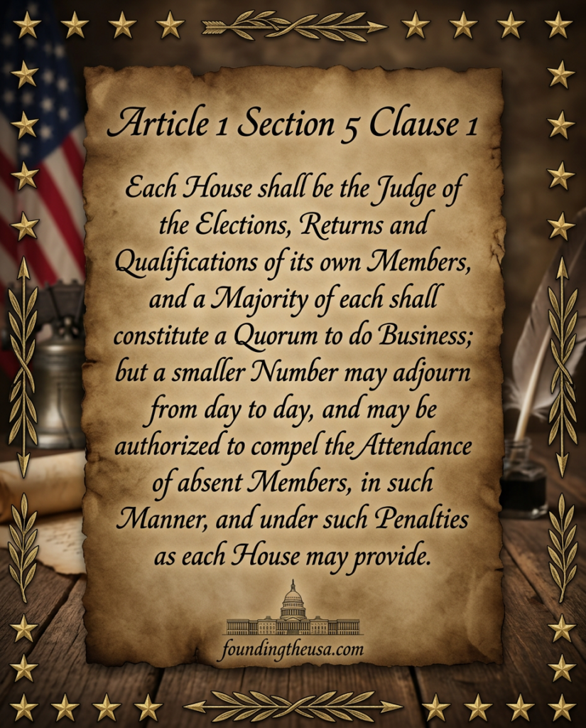 Each House shall be the Judge of the Elections, Returns and Qualifications of its own Members, and a Majority of each shall constitute a Quorum to do Business; but a smaller Number may adjourn from day to day, and may be authorized to compel the Attendance of absent Members, in such Manner, and under such Penalties as each House may provide.
