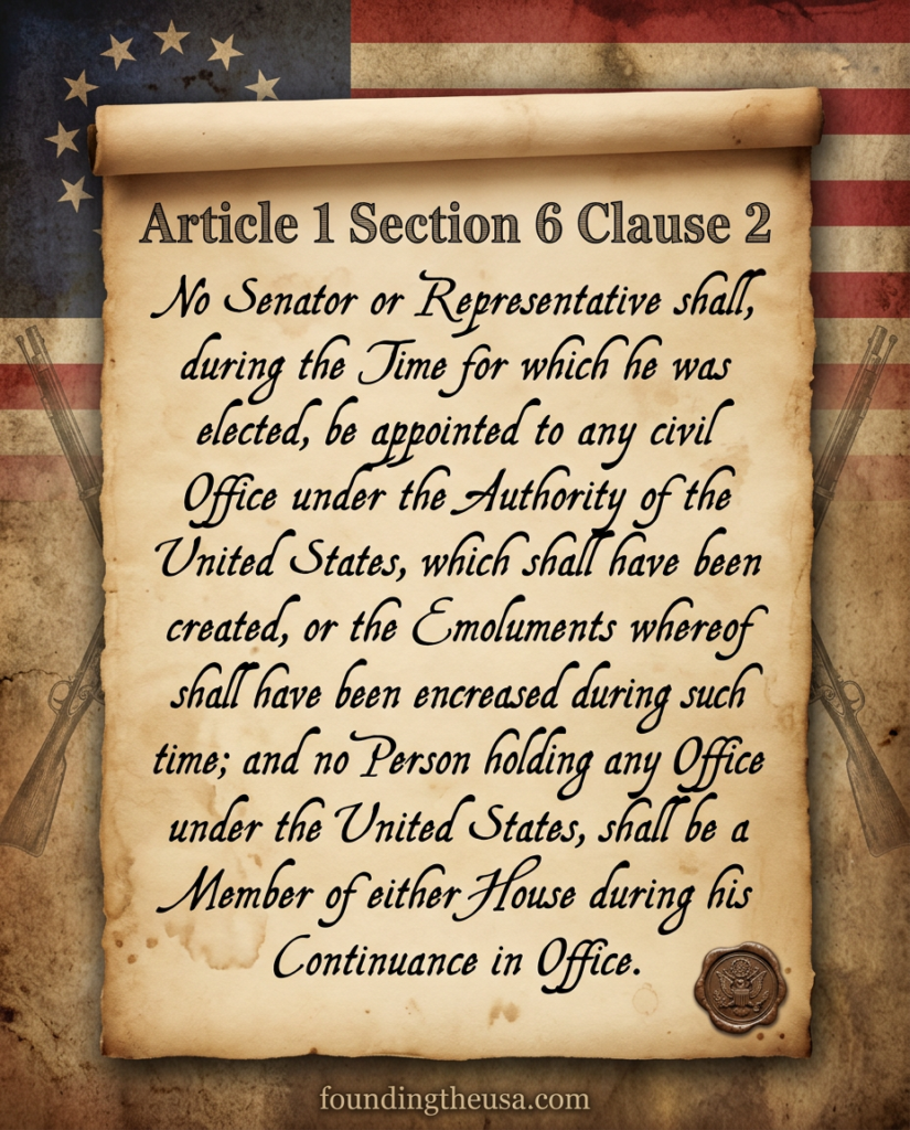 No Senator or Representative shall, during the Time for which he was elected, be appointed to any civil Office under the Authority of the United States, which shall have been created, or the Emoluments whereof shall have been encreased during such time; and no Person holding any Office under the United States, shall be a Member of either House during his Continuance in Office.