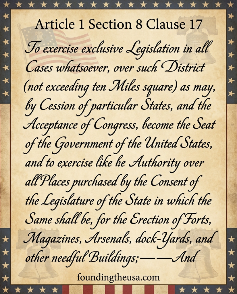 To exercise exclusive Legislation in all Cases whatsoever, over such District (not exceeding ten Miles square) as may, by Cession of particular States, and the Acceptance of Congress, become the Seat of the Government of the United States, and to exercise like Authority over all Places purchased by the Consent of the Legislature of the State in which the Same shall be, for the Erection of Forts, Magazines, Arsenals, dock-Yards, and other needful Buildings;—And