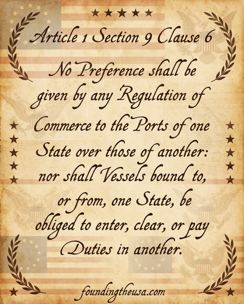 No Preference shall be given by any Regulation of Commerce or Revenue to the Ports of one State over those of another: nor shall Vessels bound to, or from, one State, be obliged to enter, clear, or pay Duties in another.