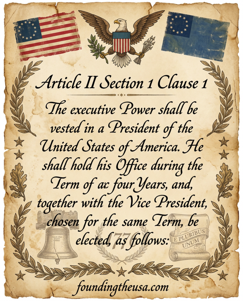The executive Power shall be vested in a President of the United States of America. He shall hold his Office during the Term of four Years, and, together with the Vice President, chosen for the same Term, be elected, as follows: