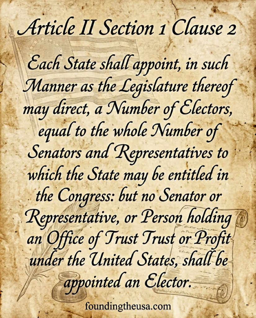 Each State shall appoint, in such Manner as the Legislature thereof may direct, a Number of Electors, equal to the whole Number of Senators and Representatives to which the State may be entitled in the Congress: but no Senator or Representative, or Person holding an Office of Trust or Profit under the United States, shall be appointed an Elector.