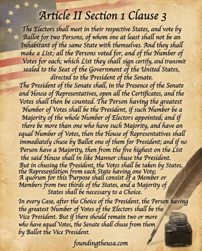The Electors shall meet in their respective States, and vote by Ballot for two Persons, of whom one at least shall not be an Inhabitant of the same State with themselves. And they shall make a List of all the Persons voted for, and of the Number of Votes for each; which List they shall sign and certify, and transmit sealed to the Seat of the Government of the United States, directed to the President of the Senate. The President of the Senate shall, in the Presence of the Senate and House of Representatives, open all the Certificates, and the Votes shall then be counted. The Person having the greatest Number of Votes shall be the President, if such Number be a Majority of the whole Number of Electors appointed; and if there be more than one who have such Majority, and have an equal Number of Votes, then the House of Representatives shall immediately chuse by Ballot one of them for President; and if no Person have a Majority, then from the five highest on the List the said House shall in like Manner chuse the President. But in chusing the President, the Votes shall be taken by States, the Representation from each State having one Vote; A quorum for this Purpose shall consist of a Member or Members from two thirds of the States, and a Majority of all the States shall be necessary to a Choice. In every Case, after the Choice of the President, the Person having the greatest Number of Votes of the Electors shall be the Vice President. But if there should remain two or more who have equal Votes, the Senate shall chuse from them by Ballot the Vice President.