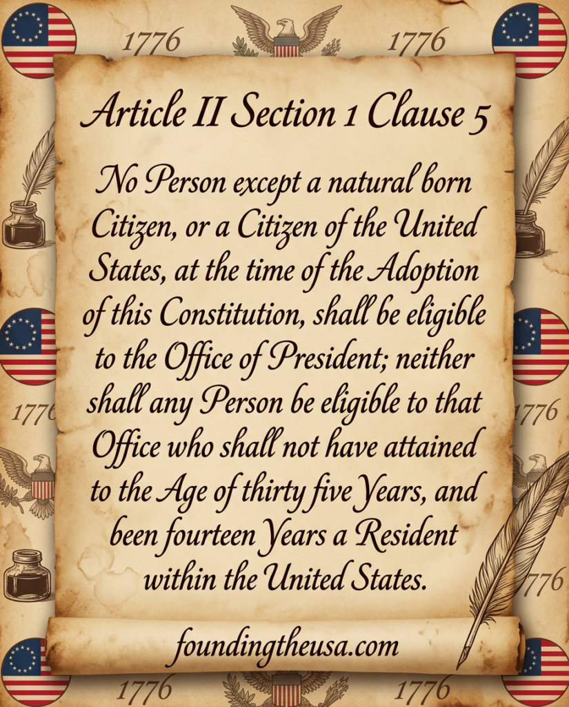 No Person except a natural born Citizen, or a Citizen of the United States, at the time of the Adoption of this Constitution, shall be eligible to the Office of President; neither shall any Person be eligible to that Office who shall not have attained to the Age of thirty five Years, and been fourteen Years a Resident within the United States.