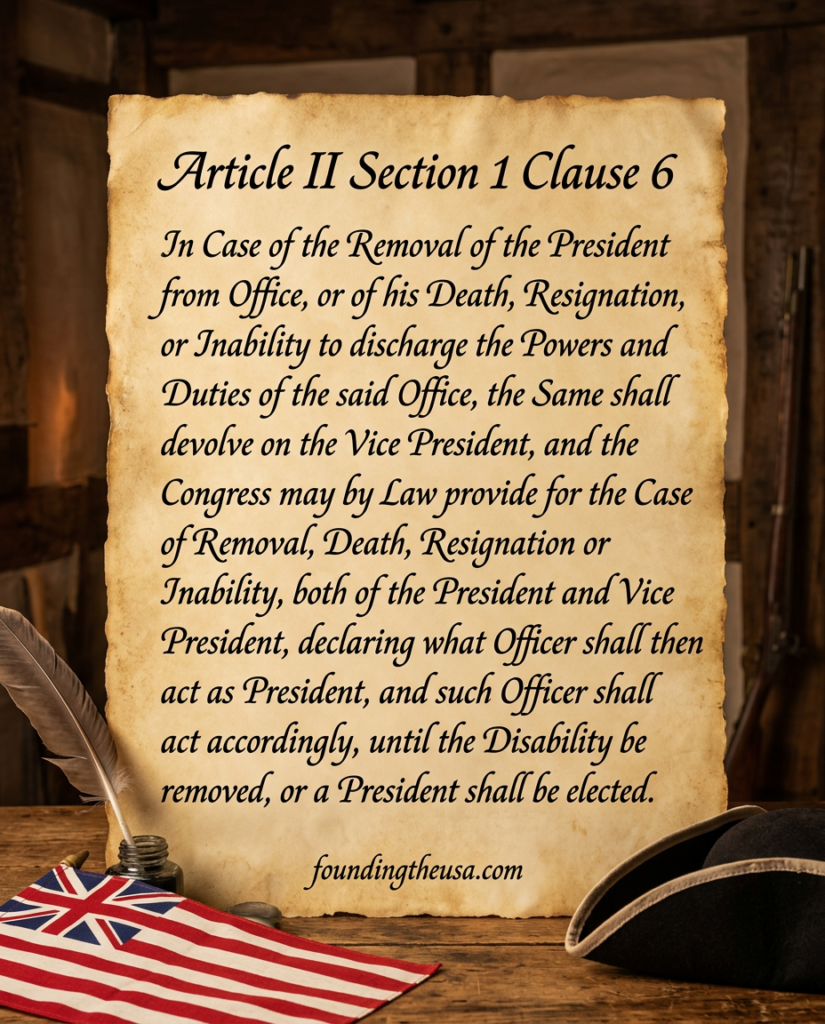 In Case of the Removal of the President from Office, or of his Death, Resignation, or Inability to discharge the Powers and Duties of the said Office, the Same shall devolve on the Vice President, and the Congress may by Law provide for the Case of Removal, Death, Resignation or Inability, both of the President and Vice President, declaring what Officer shall then act as President, and such Officer shall act accordingly, until the Disability be removed, or a President shall be elected.