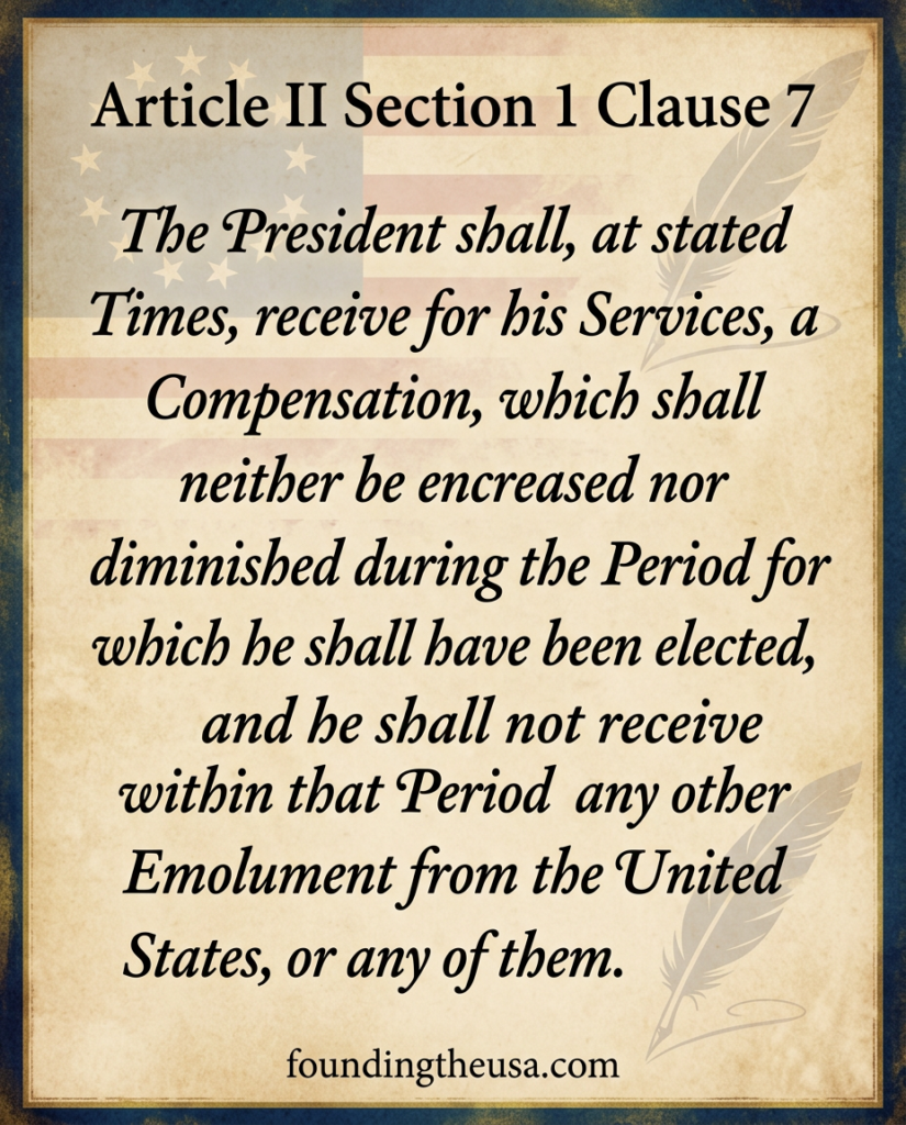 The President shall, at stated Times, receive for his Services, a Compensation, which shall neither be encreased nor diminished during the Period for which he shall have been elected, and he shall not receive within that Period any other Emolument from the United States, or any of them.