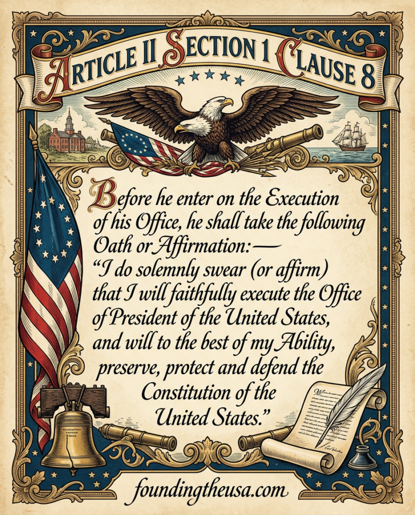 Before he enter on the Execution of his Office, he shall take the following Oath or Affirmation:—“I do solemnly swear (or affirm) that I will faithfully execute the Office of President of the United States, and will to the best of my Ability, preserve, protect and defend the Constitution of the United States.”