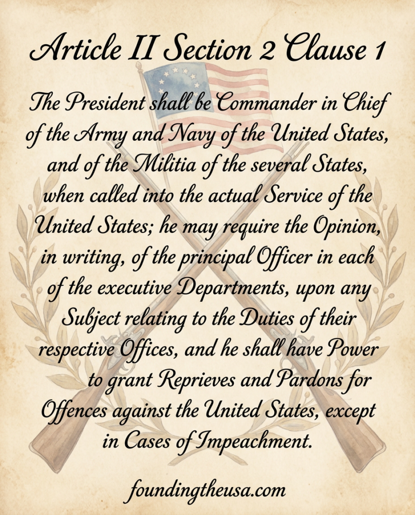 The President shall be Commander in Chief of the Army and Navy of the United States, and of the Militia of the several States, when called into the actual Service of the United States; he may require the Opinion, in writing, of the principal Officer in each of the executive Departments, upon any Subject relating to the Duties of their respective Offices, and he shall have Power to grant Reprieves and Pardons for Offences against the United States, except in Cases of Impeachment.