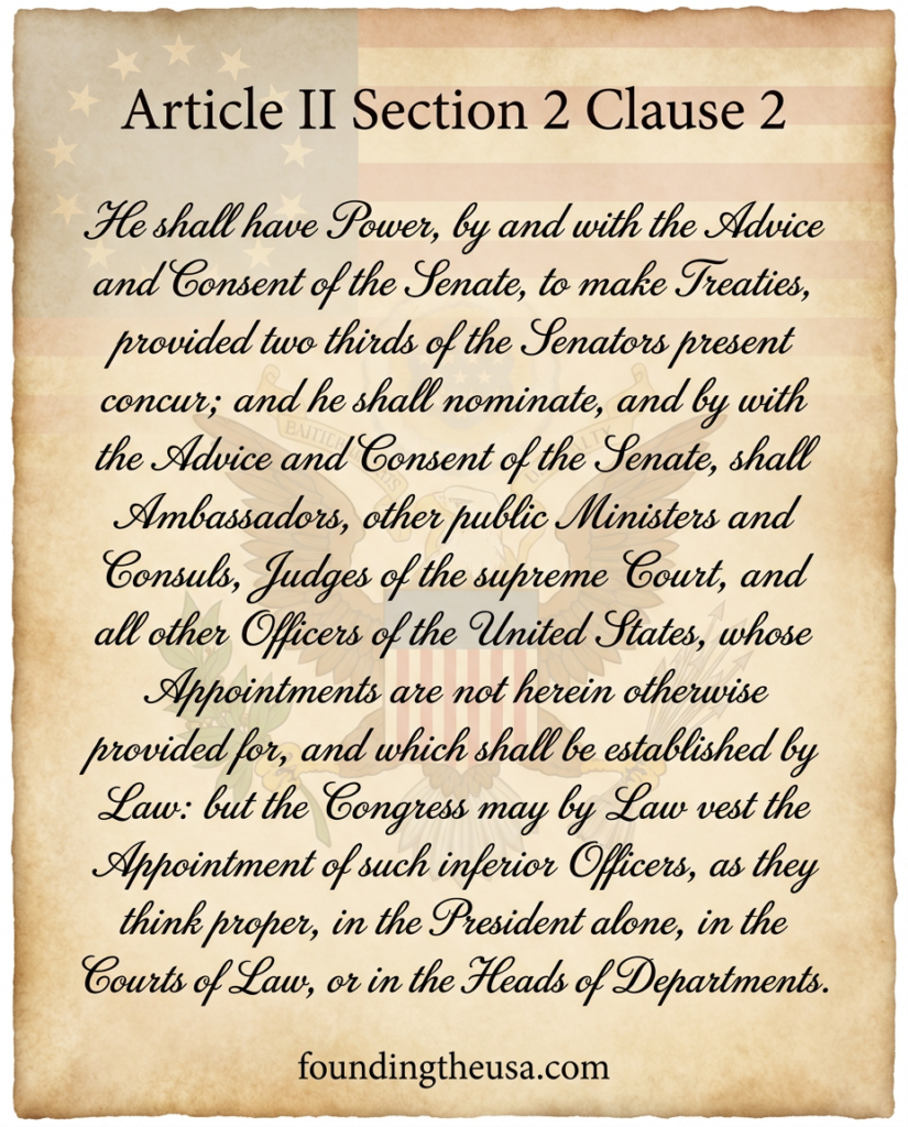 He shall have Power, by and with the Advice and Consent of the Senate, to make Treaties, provided two thirds of the Senators present concur; and he shall nominate, and by and with the Advice and Consent of the Senate, shall appoint Ambassadors, other public Ministers and Consuls, Judges of the supreme Court, and all other Officers of the United States, whose Appointments are not herein otherwise provided for, and which shall be established by Law: but the Congress may by Law vest the Appointment of such inferior Officers, as they think proper, in the President alone, in the Courts of Law, or in the Heads of Departments.