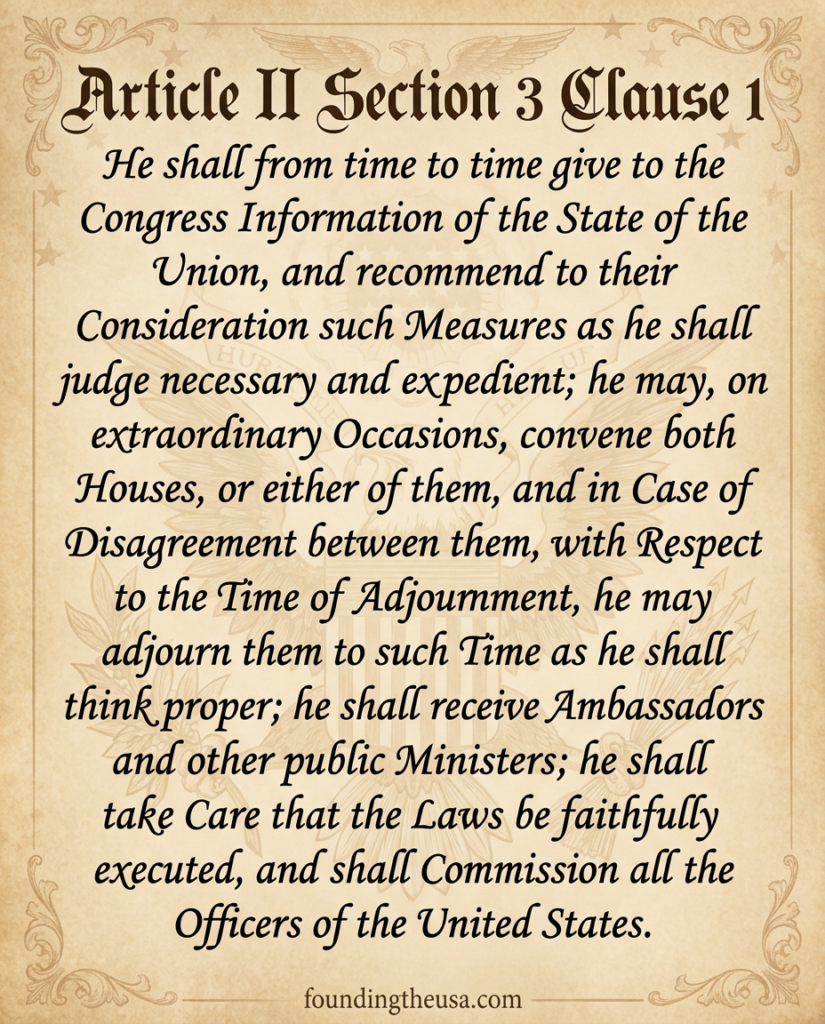 He shall from time to time give to the Congress Information of the State of the Union, and recommend to their Consideration such Measures as he shall judge necessary and expedient; he may, on extraordinary Occasions, convene both Houses, or either of them, and in Case of Disagreement between them, with Respect to the Time of Adjournment, he may adjourn them to such Time as he shall think proper; he shall receive Ambassadors and other public Ministers; he shall take Care that the Laws be faithfully executed, and shall Commission all the Officers of the United States.
