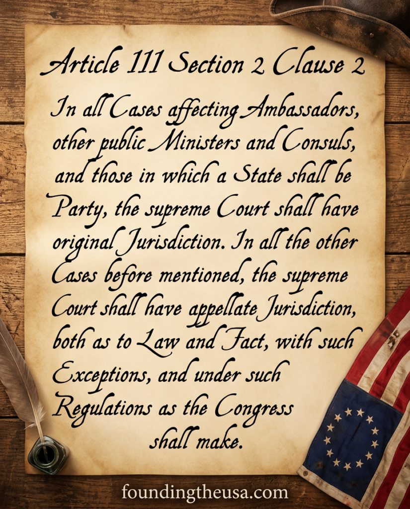 In all Cases affecting Ambassadors, other public Ministers and Consuls, and those in which a State shall be Party, the supreme Court shall have original Jurisdiction. In all the other Cases before mentioned, the supreme Court shall have appellate Jurisdiction, both as to Law and Fact, with such Exceptions, and under such Regulations as the Congress shall make.