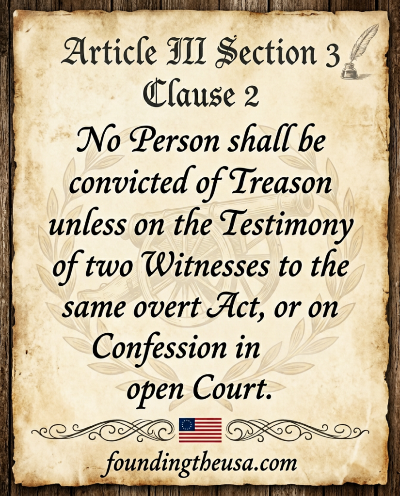 No Person shall be convicted of Treason unless on the Testimony of two Witnesses to the same overt Act, or on Confession in open Court.