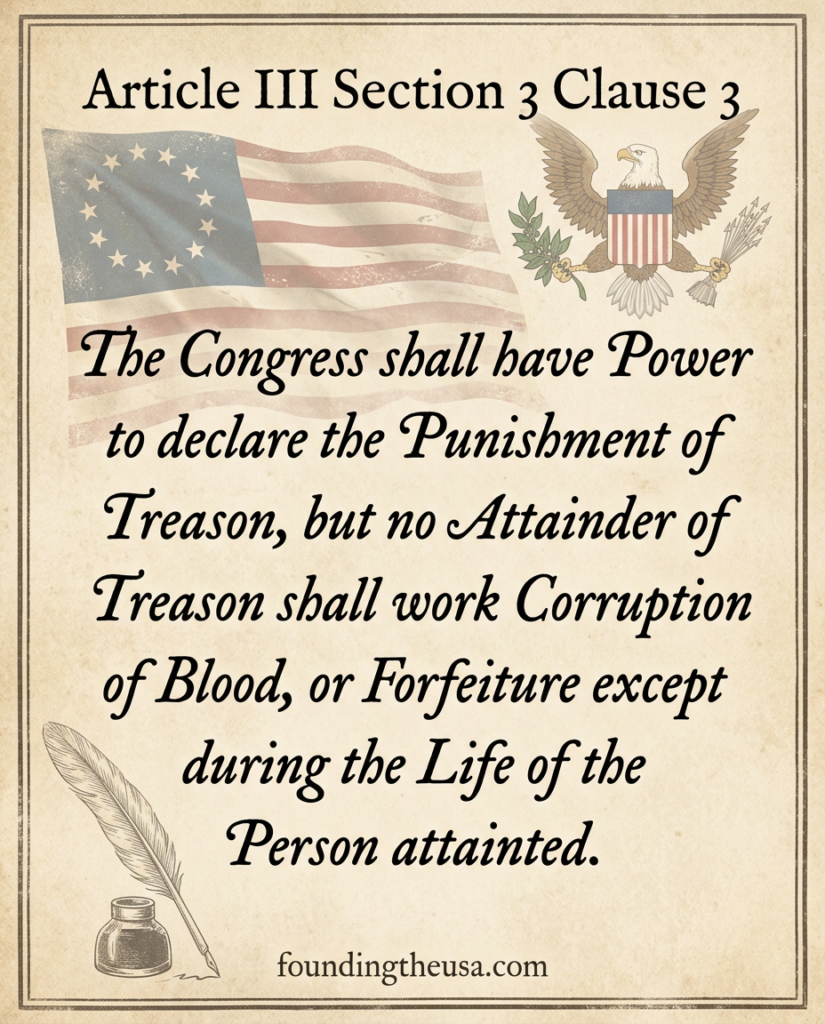 The Congress shall have Power to declare the Punishment of Treason, but no Attainder of Treason shall work Corruption of Blood, or Forfeiture except during the Life of the Person attainted.