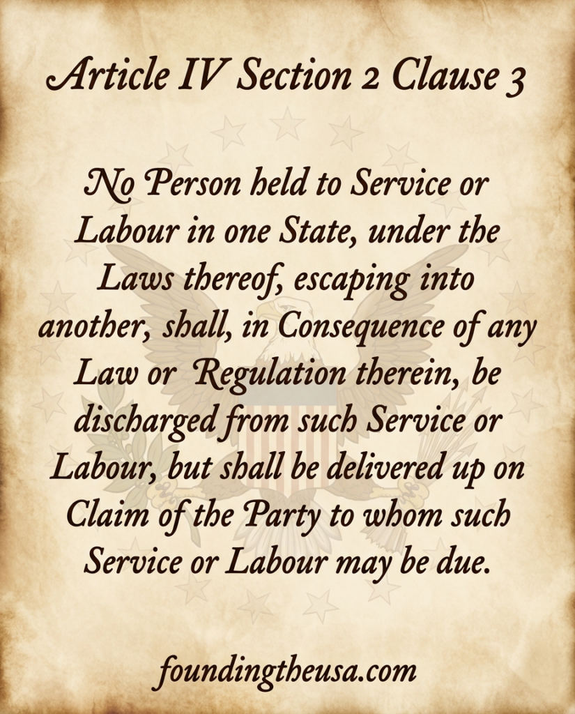 No Person held to Service or Labour in one State, under the Laws thereof, escaping into another, shall, in Consequence of any Law or Regulation therein, be discharged from such Service or Labour, but shall be delivered up on Claim of the Party to whom such Service or Labour may be due.