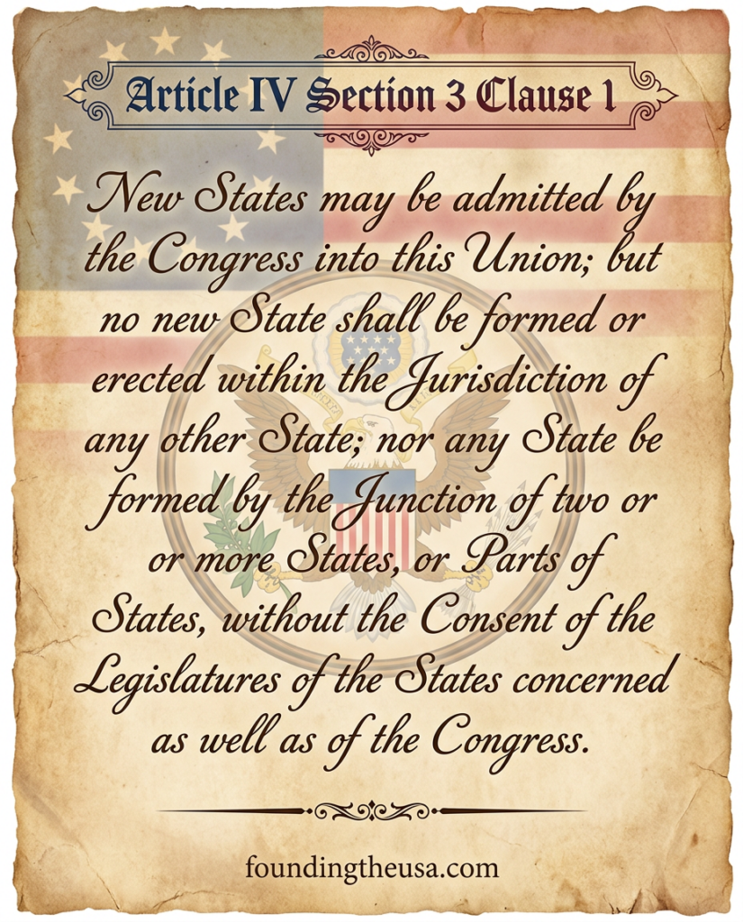 New States may be admitted by the Congress into this Union; but no new State shall be formed or erected within the Jurisdiction of any other State; nor any State be formed by the Junction of two or more States, or Parts of States, without the Consent of the Legislatures of the States concerned as well as of the Congress.