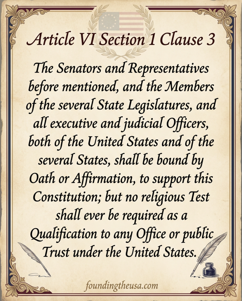The Senators and Representatives before mentioned, and the Members of the several State Legislatures, and all executive and judicial Officers, both of the United States and of the several States, shall be bound by Oath or Affirmation, to support this Constitution; but no religious Test shall ever be required as a Qualification to any Office or public Trust under the United States.