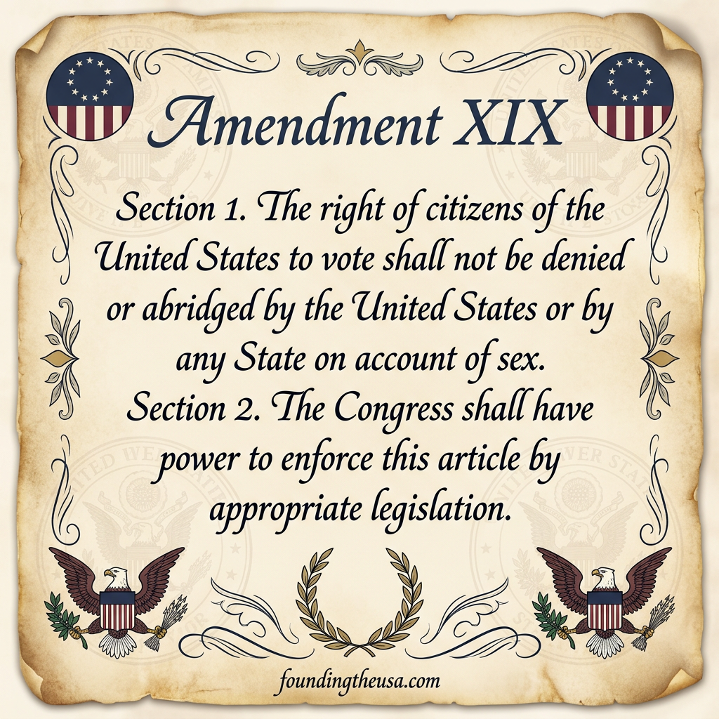 Section 1. The right of citizens of the United States to vote shall not be denied or abridged by the United States or by any State on account of sex.
Section 2. The Congress shall have power to enforce this article by appropriate legislation.