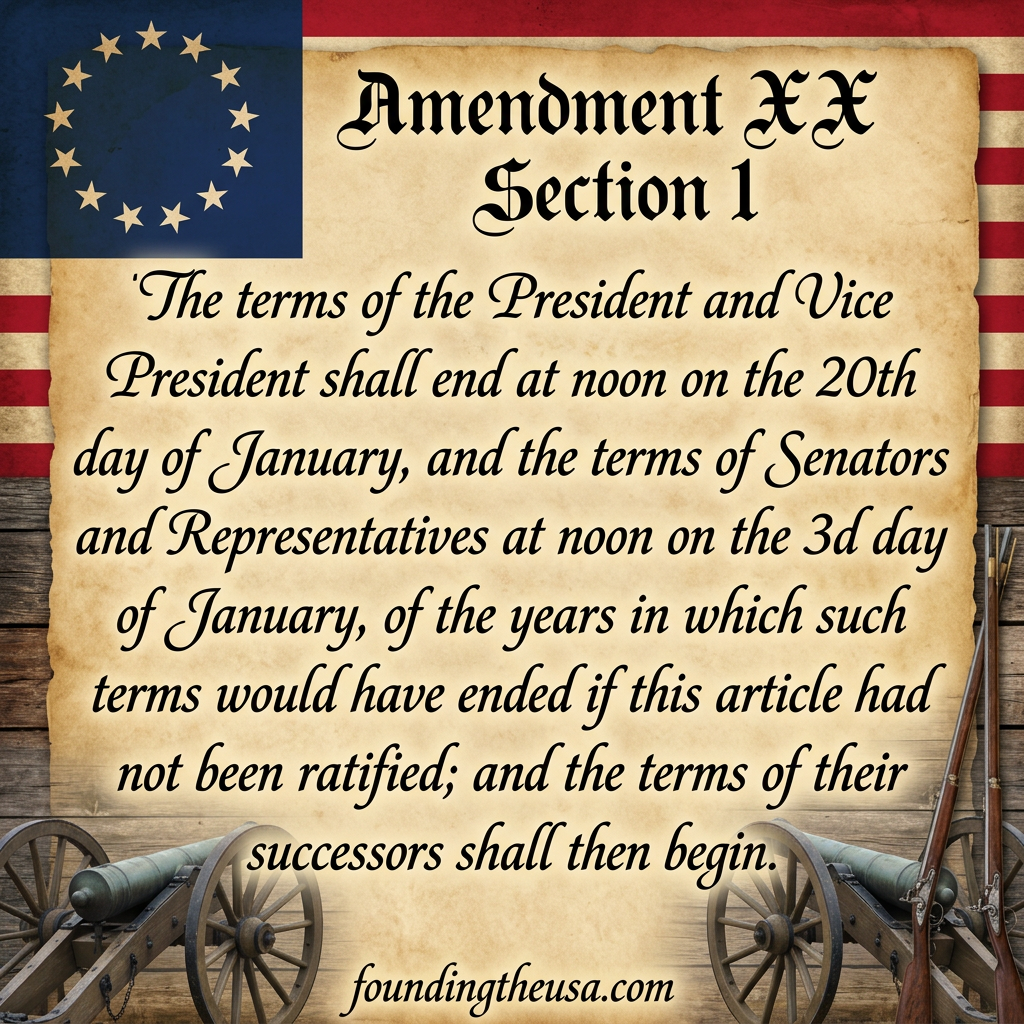 The terms of the President and Vice President shall end at noon on the 20th day of January, and the terms of Senators and Representatives at noon on the 3d day of January, of the years in which such terms would have ended if this article had not been ratified; and the terms of their successors shall then begin.