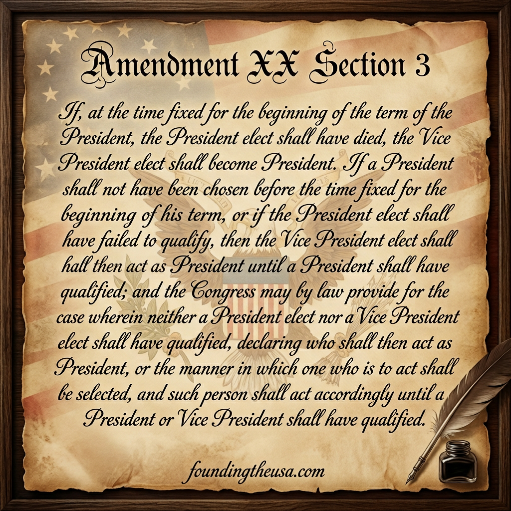 If, at the time fixed for the beginning of the term of the President, the President elect shall have died, the Vice President elect shall become President. If a President shall not have been chosen before the time fixed for the beginning of his term, or if the President elect shall have failed to qualify, then the Vice President elect shall act as President until a President shall have qualified; and the Congress may by law provide for the case wherein neither a President elect nor a Vice President elect shall have qualified, declaring who shall then act as President, or the manner in which one who is to act shall be selected, and such person shall act accordingly until a President or Vice President shall have qualified.