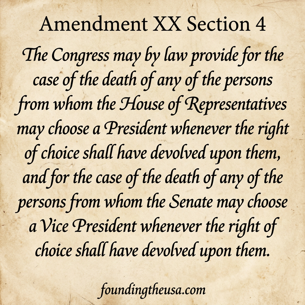 The Congress may by law provide for the case of the death of any of the persons from whom the House of Representatives may choose a President whenever the right of choice shall have devolved upon them, and for the case of the death of any of the persons from whom the Senate may choose a Vice President whenever the right of choice shall have devolved upon them.
