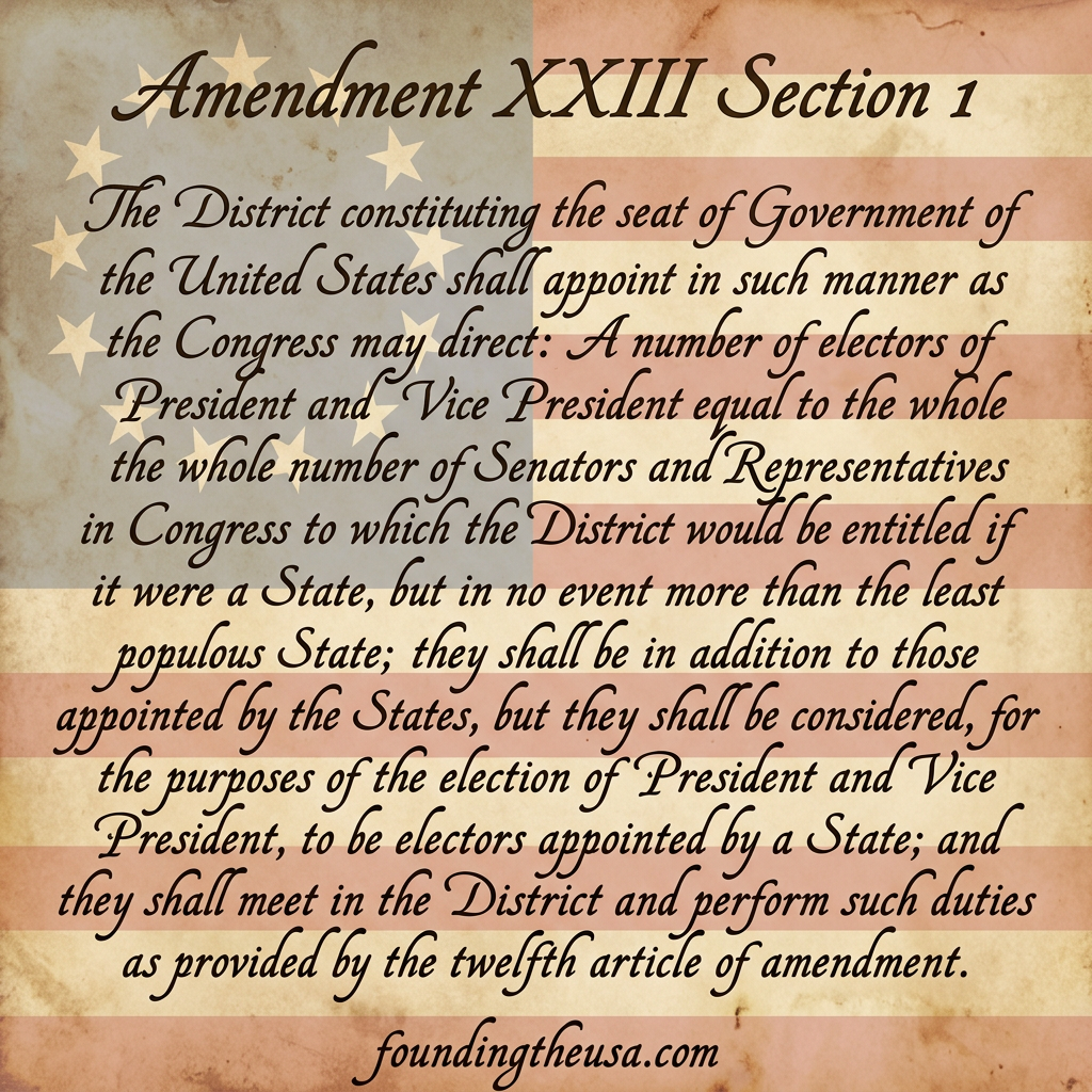 The District constituting the seat of Government of the United States shall appoint in such manner as the Congress may direct:
A number of electors of President and Vice President equal to the whole number of Senators and Representatives in Congress to which the District would be entitled if it were a State, but in no event more than the least populous State; they shall be in addition to those appointed by the States, but they shall be considered, for the purposes of the election of President and Vice President, to be electors appointed by a State; and they shall meet in the District and perform such duties as provided by the twelfth article of amendment.