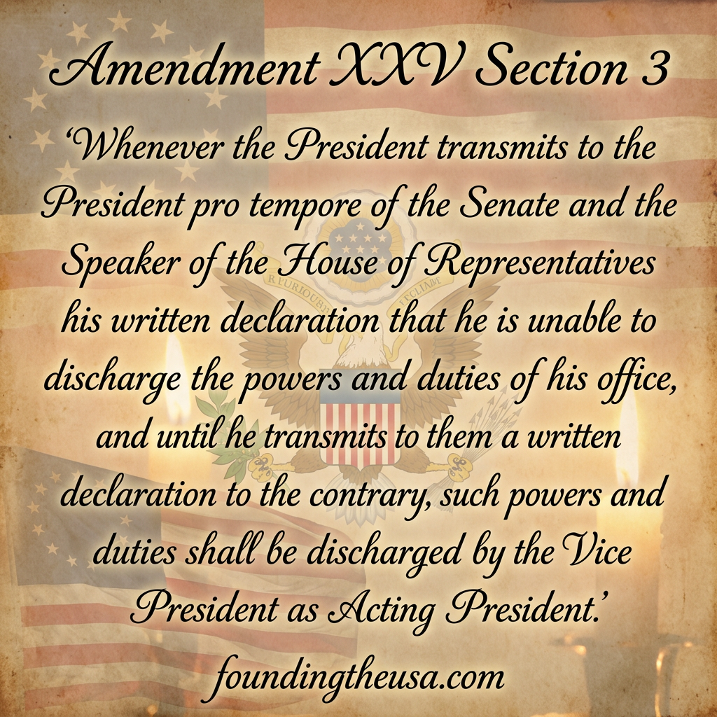 Whenever the President transmits to the President pro tempore of the Senate and the Speaker of the House of Representatives his written declaration that he is unable to discharge the powers and duties of his office, and until he transmits to them a written declaration to the contrary, such powers and duties shall be discharged by the Vice President as Acting President.