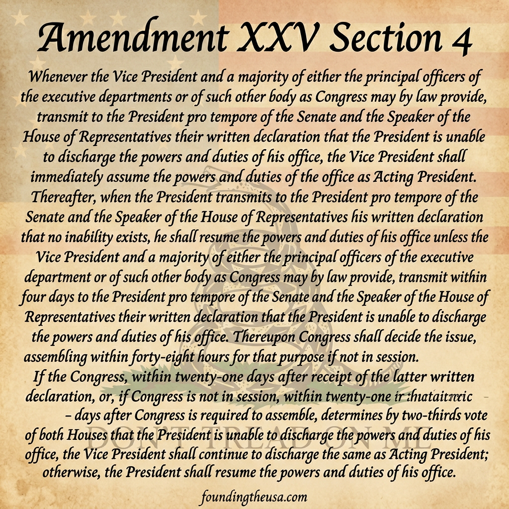 Whenever the Vice President and a majority of either the principal officers of the executive departments or of such other body as Congress may by law provide, transmit to the President pro tempore of the Senate and the Speaker of the House of Representatives their written declaration that the President is unable to discharge the powers and duties of his office, the Vice President shall immediately assume the powers and duties of the office as Acting President. Thereafter, when the President transmits to the President pro tempore of the Senate and the Speaker of the House of Representatives his written declaration that no inability exists, he shall resume the powers and duties of his office unless the Vice President and a majority of either the principal officers of the executive department or of such other body as Congress may by law provide, transmit within four days to the President pro tempore of the Senate and the Speaker of the House of Representatives their written declaration that the President is unable to discharge the powers and duties of his office. Thereupon Congress shall decide the issue, assembling within forty-eight hours for that purpose if not in session. If the Congress, within twenty-one days after receipt of the latter written declaration, or, if Congress is not in session, within twenty-one days after Congress is required to assemble, determines by two-thirds vote of both Houses that the President is unable to discharge the powers and duties of his office, the Vice President shall continue to discharge the same as Acting President; otherwise, the President shall resume the powers and duties of his office.