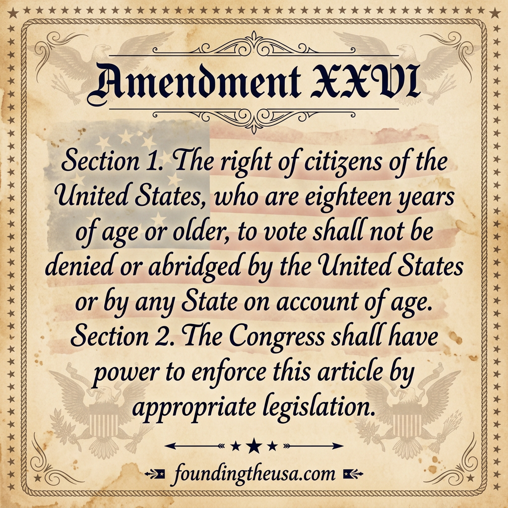 Section 1. The right of citizens of the United States, who are eighteen years of age or older, to vote shall not be denied or abridged by the United States or by any State on account of age.

Section 2. The Congress shall have power to enforce this article by appropriate legislation.